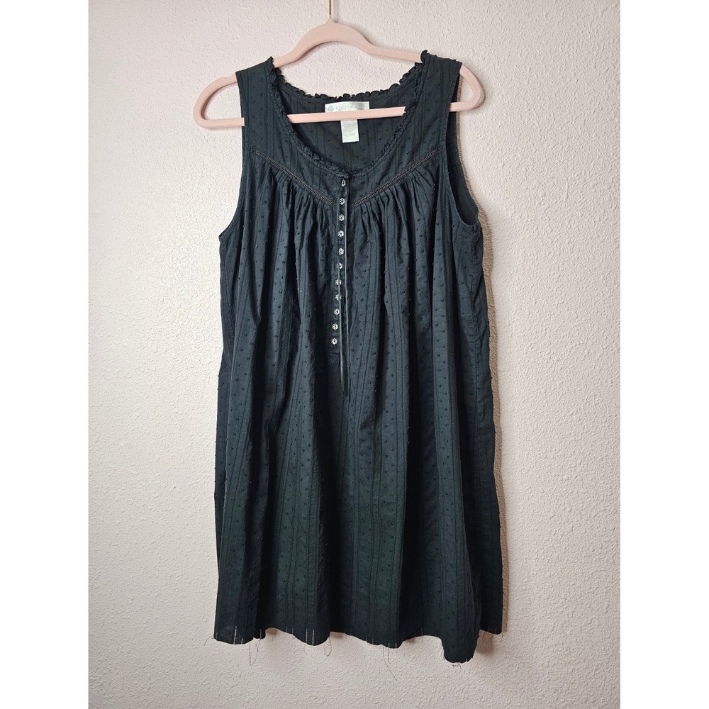 Eileen West Black Cotton Swiss Dot Sleeveless Nightgown Button Medium Raw Hem